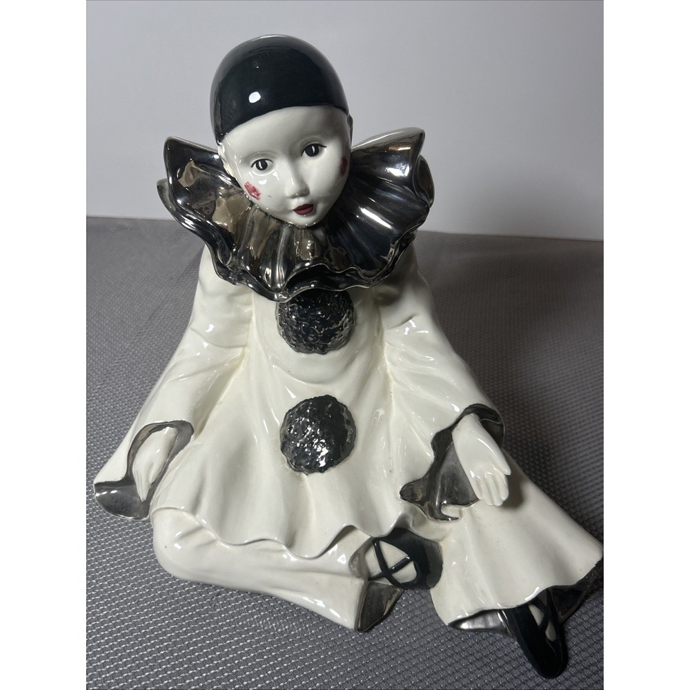 Vintage Pierrot‎ Clown Figurine Black White Ceramic Silver Ruffle Collar Seated